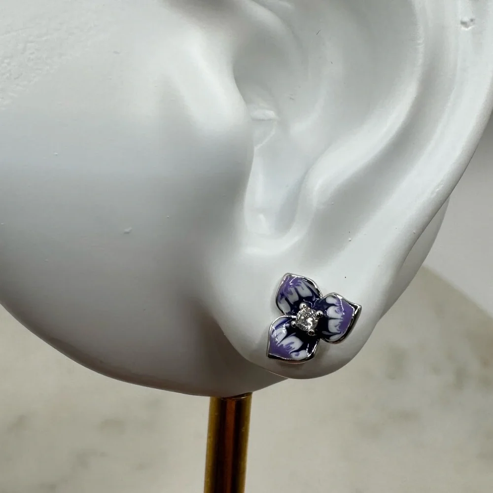 2/$30 Genuine 925 Sterling Silver & CZ Enameled Pansy Flower Earrings - Picture 4 of 6